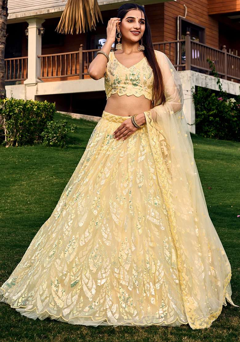 Yellow Sequin Embroidered Net Lehenga Set for Diwali and Festive Wear - Indya