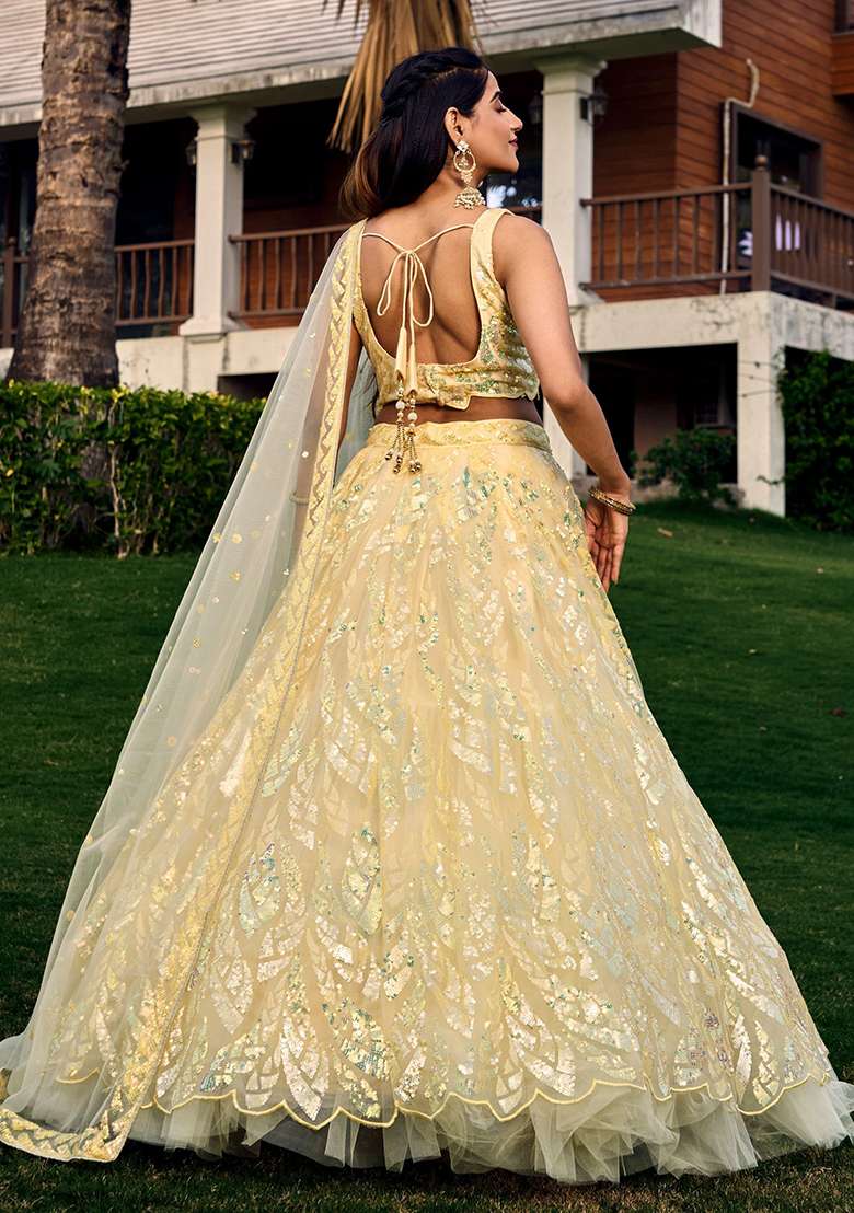 Yellow Sequin Embroidered Net Lehenga Set for Diwali and Festive Wear - Indya