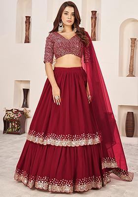 Red Sequin Embroidered Georgette Lehenga Set