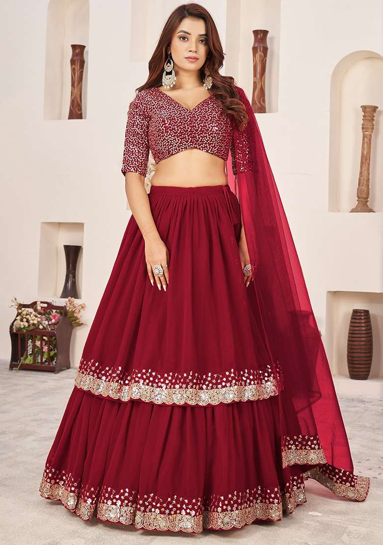 Red Sequin Embroidered Georgette Lehenga Set for Diwali and Festive Wear - Indya