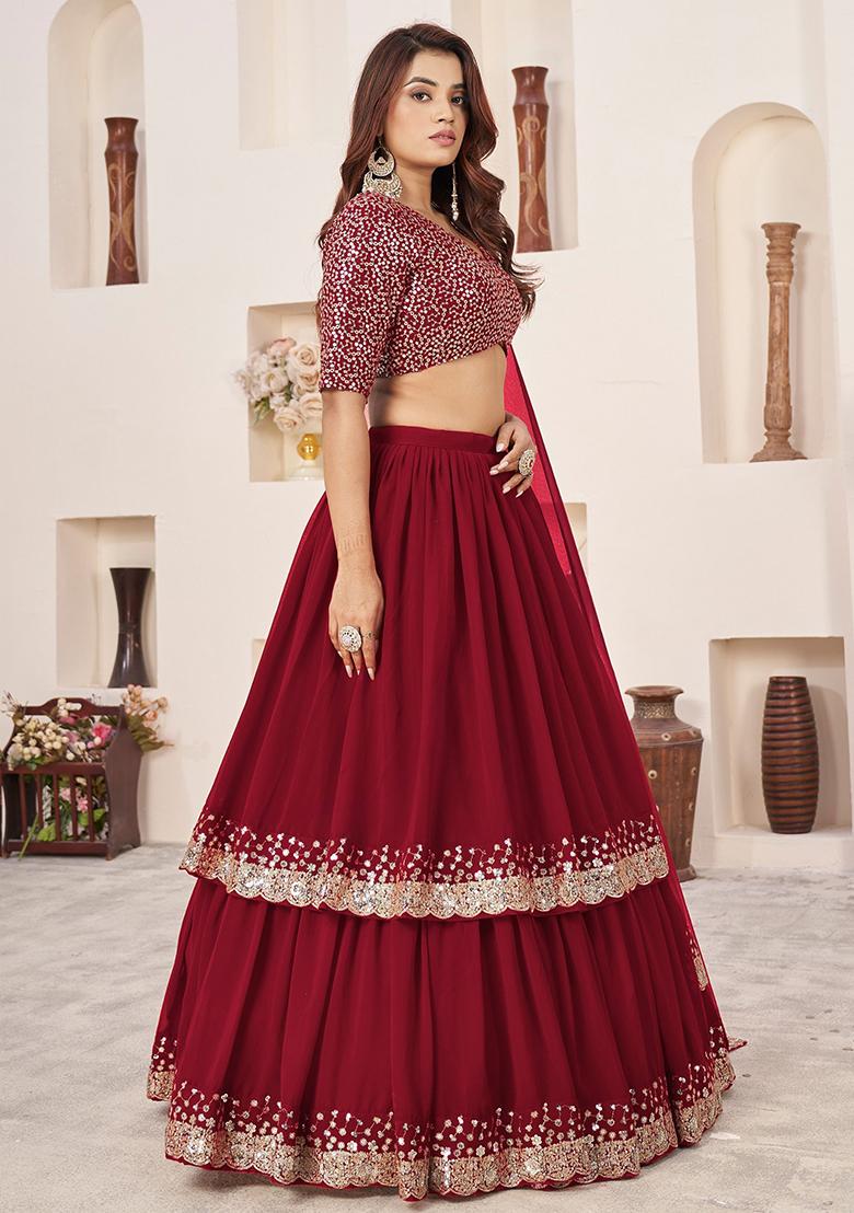 Red Sequin Embroidered Georgette Lehenga Set