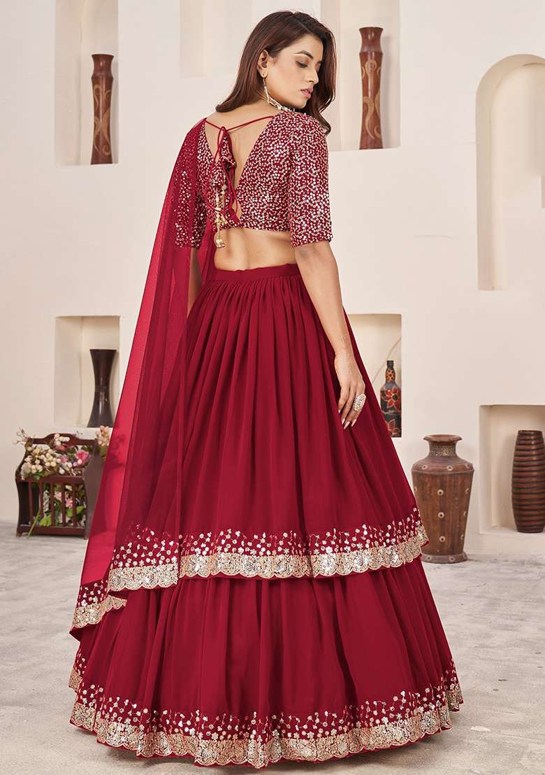 Red Sequin Embroidered Georgette Lehenga Set for Diwali and Festive Wear - Indya