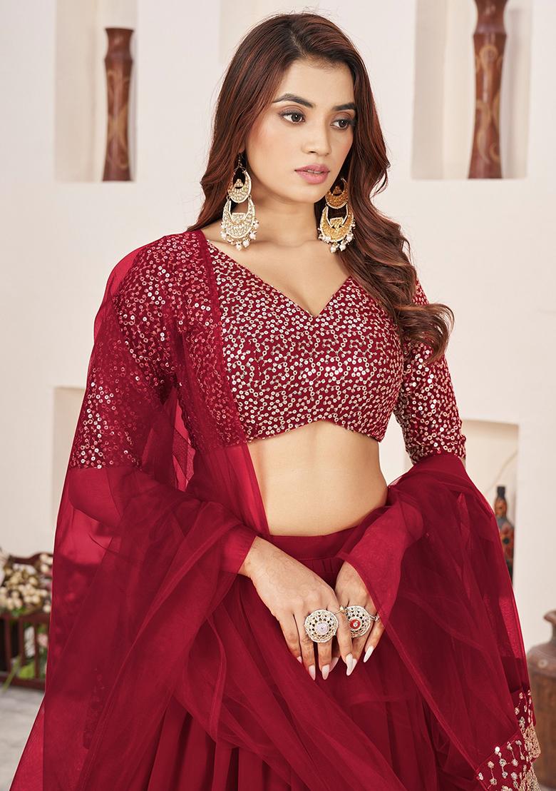 Red Sequin Embroidered Georgette Lehenga Set
