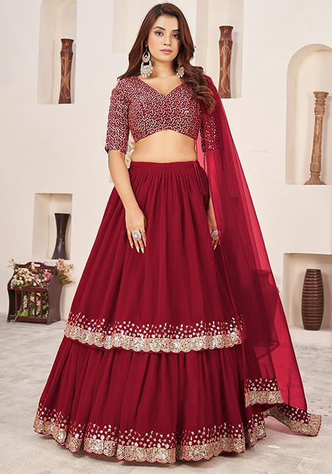 Red Sequin Embroidered Georgette Lehenga Set