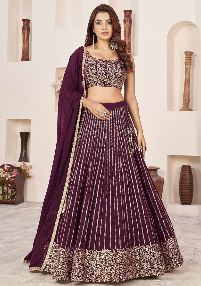 Wine Georgette Lehenga Set with Embroidered & Sequin for Diwali | Wedding & Festive Wear - Indya
