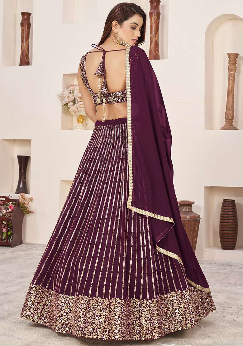 Wine Georgette Lehenga Set with Embroidered & Sequin for Diwali | Wedding & Festive Wear - Indya