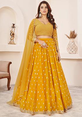 Yellow Embroidered Georgette Lehenga Set
