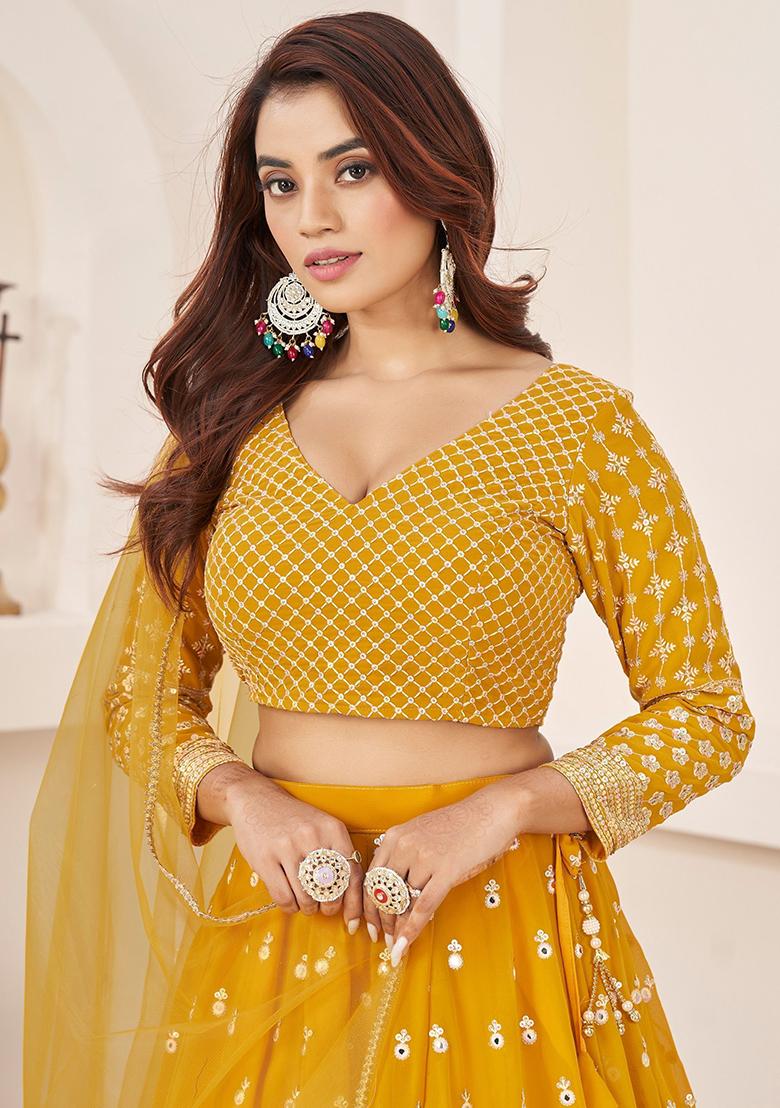 Yellow Embroidered Georgette Lehenga Set