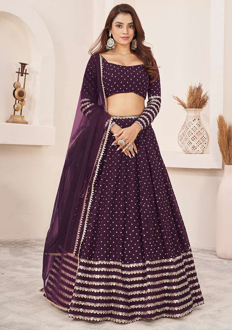 Purple Sequin Embroidered Georgette Lehenga Set for Diwali and Festive Wear - Indya
