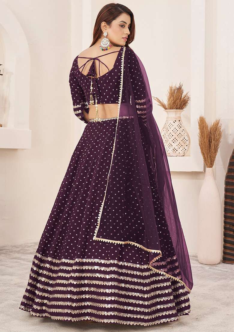 Purple Sequin Embroidered Georgette Lehenga Set for Diwali and Festive Wear - Indya