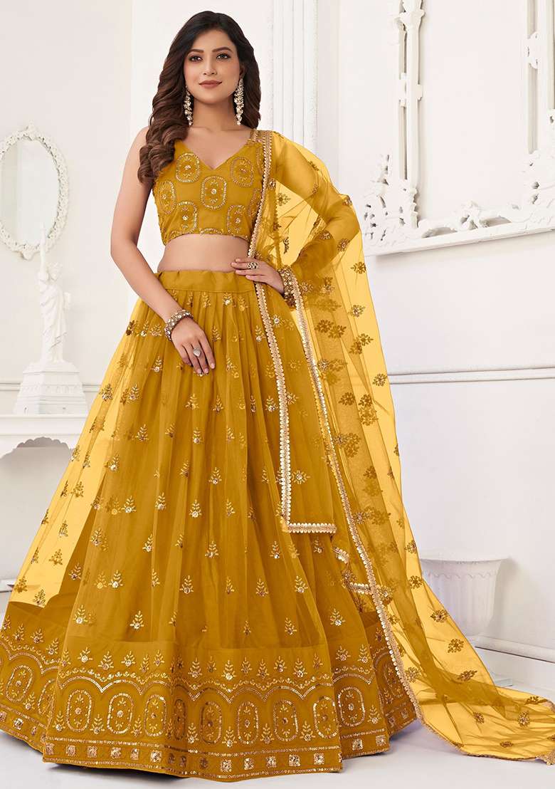 Yellow Net Lehenga Set with Embroidered & Sequin for Diwali | Wedding & Festive Wear - Indya