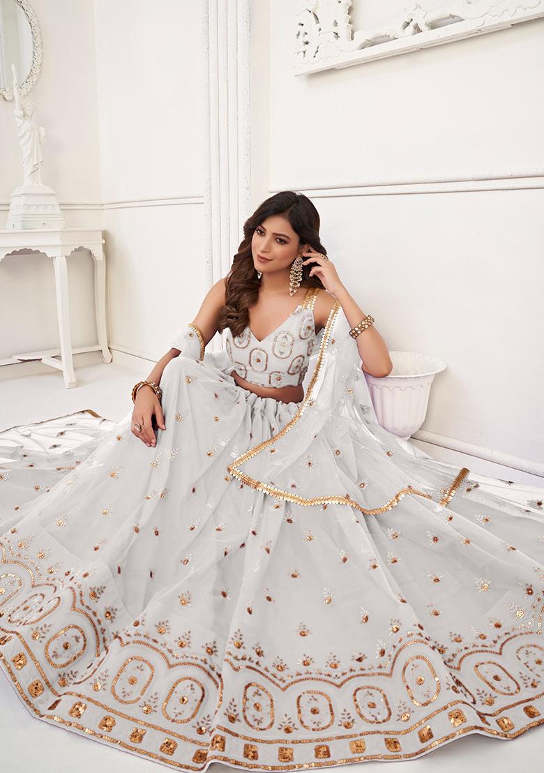 White Sequin Embroidered Net Lehenga Set