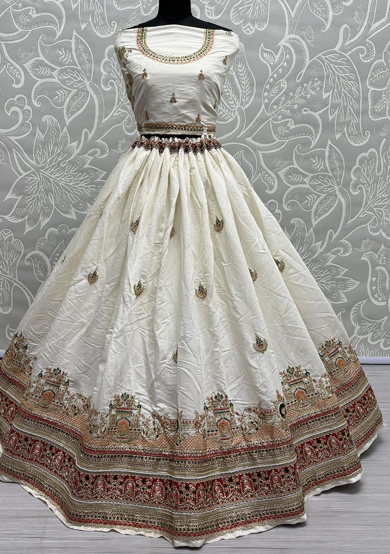 White Embroidered Silk Lehenga Set