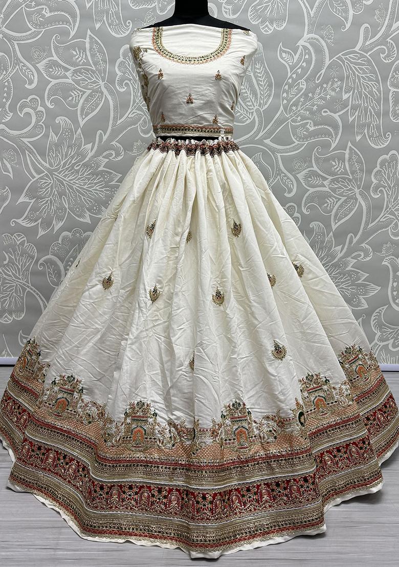 White Embroidered Silk Lehenga Set