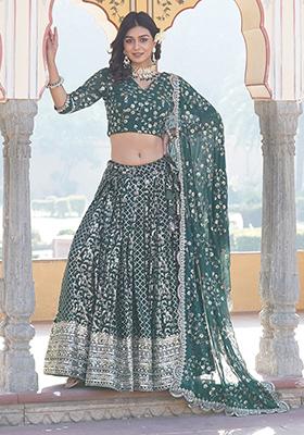 Green Sequin Embroidered Jacquard Lehenga Set