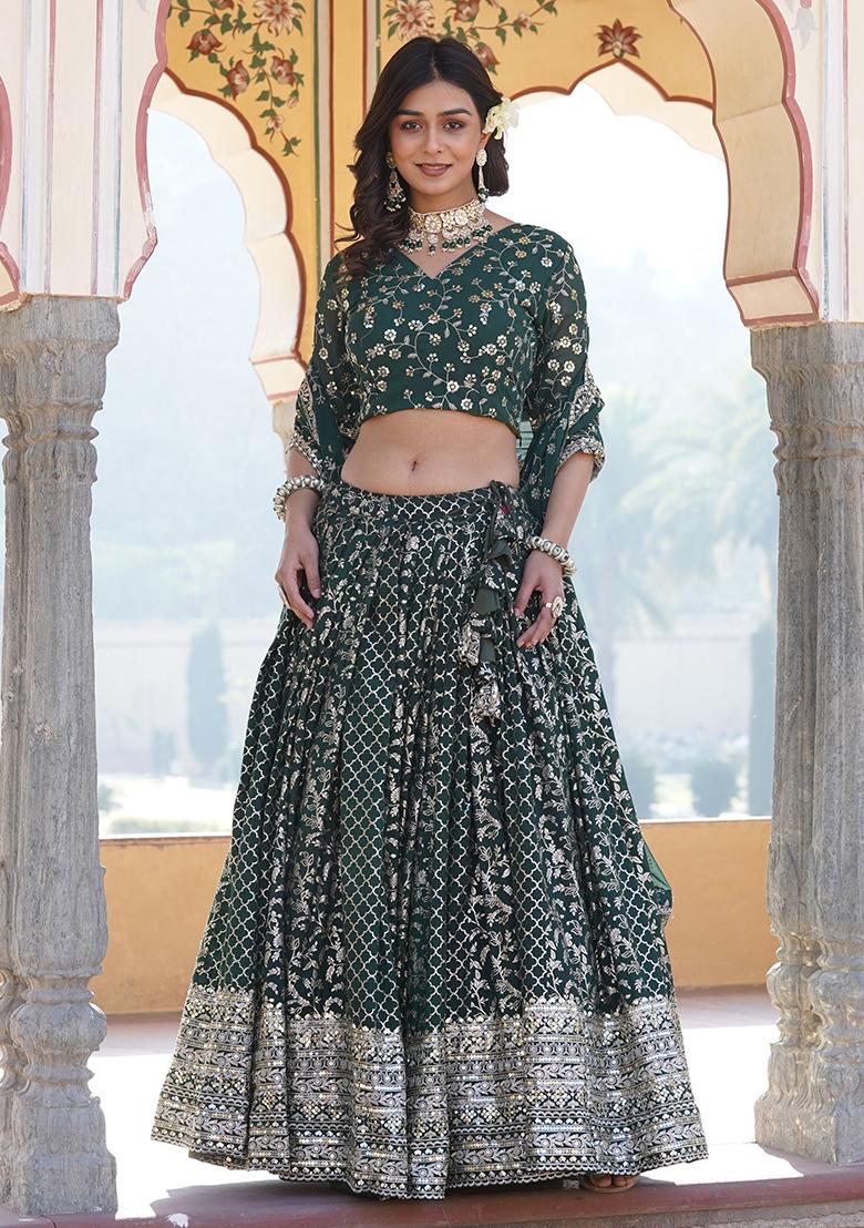 Green Sequin Embroidered Jacquard Lehenga Set