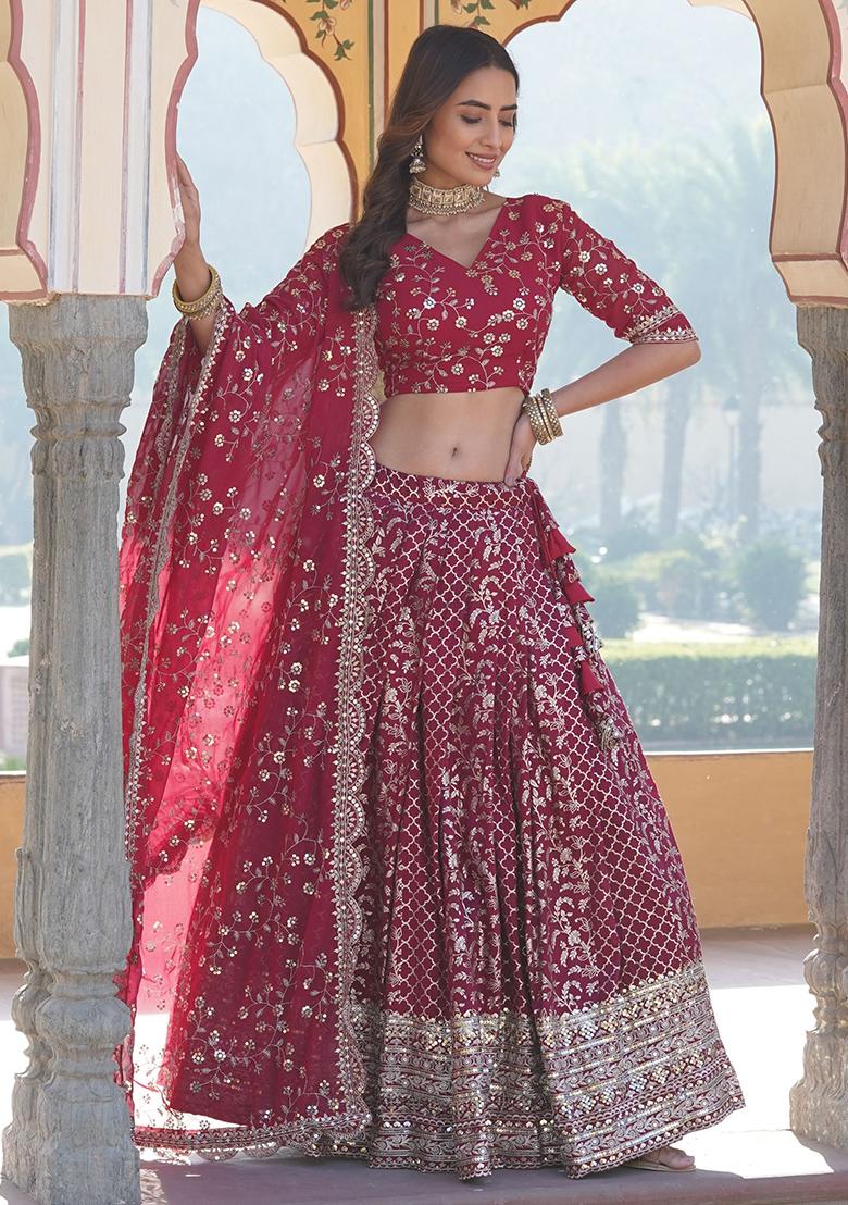 Pink Sequin Embroidered Jacquard Lehenga Set