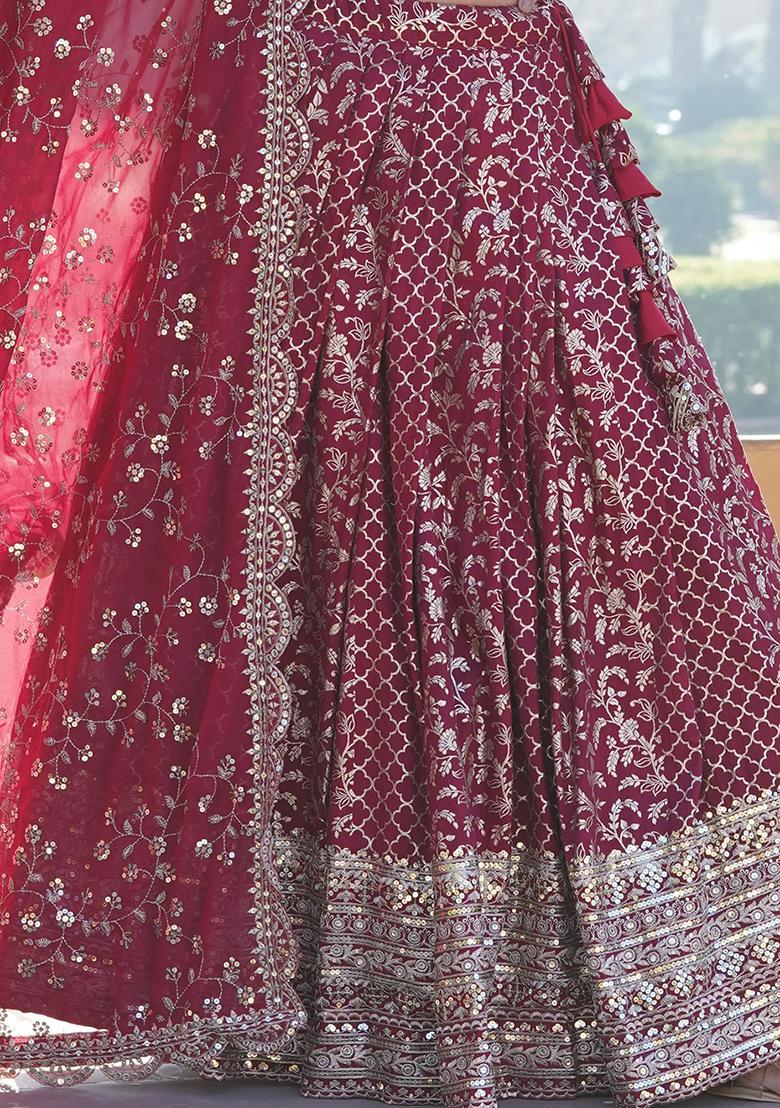 Pink Sequin Embroidered Jacquard Lehenga Set