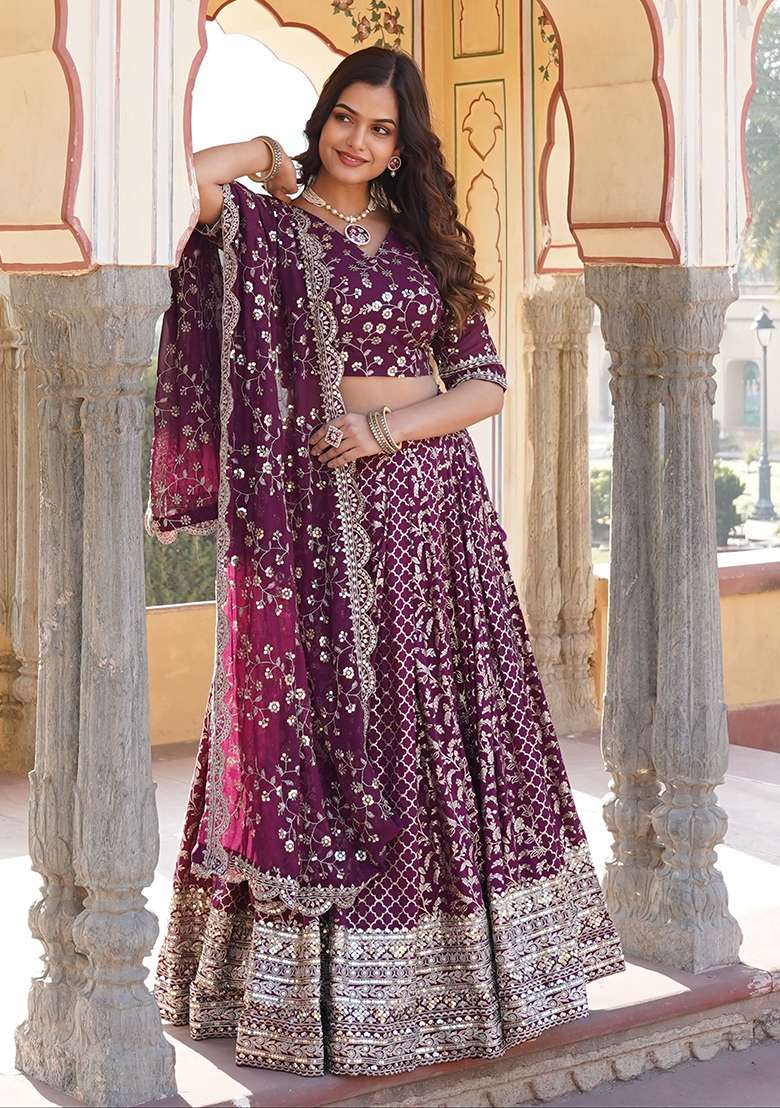 Wine Jacquard Lehenga Set with Embroidered & Sequin for Diwali | Wedding & Festive Wear - Indya