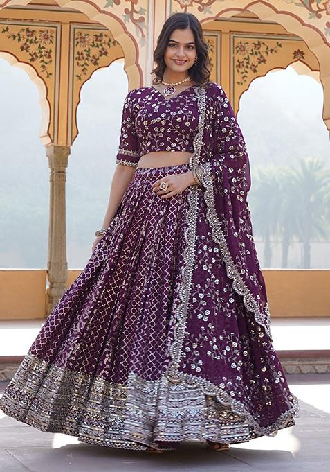 Wine Sequin Embroidered Jacquard Lehenga Set
