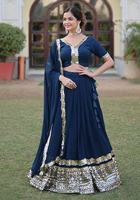 Navy Blue Sequin Embroidered Georgette Lehenga Set