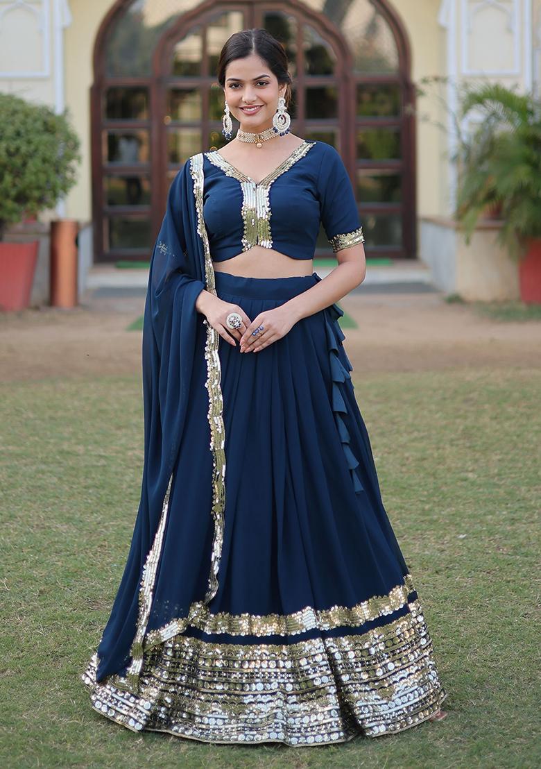 Navy Blue Sequin Embroidered Georgette Lehenga Set