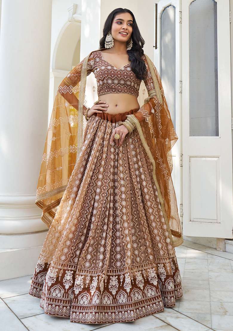 Brown Embroidered Net Lehenga Set for Diwali and Festive Wear - Indya