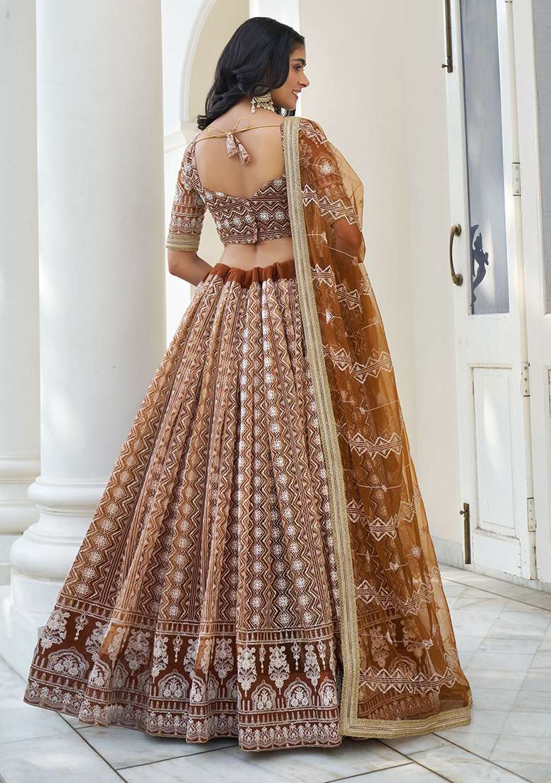 Brown Embroidered Net Lehenga Set for Diwali and Festive Wear - Indya