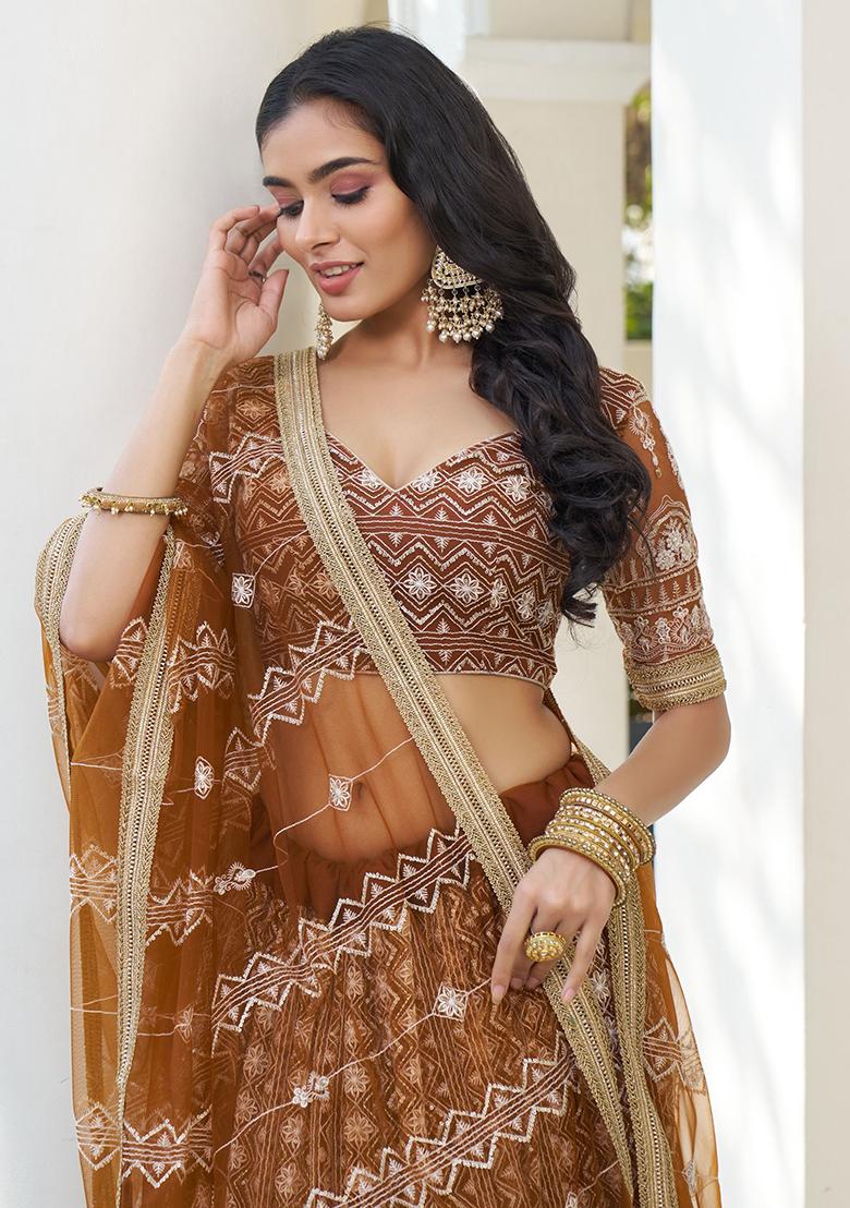 Brown Embroidered Net Lehenga Set