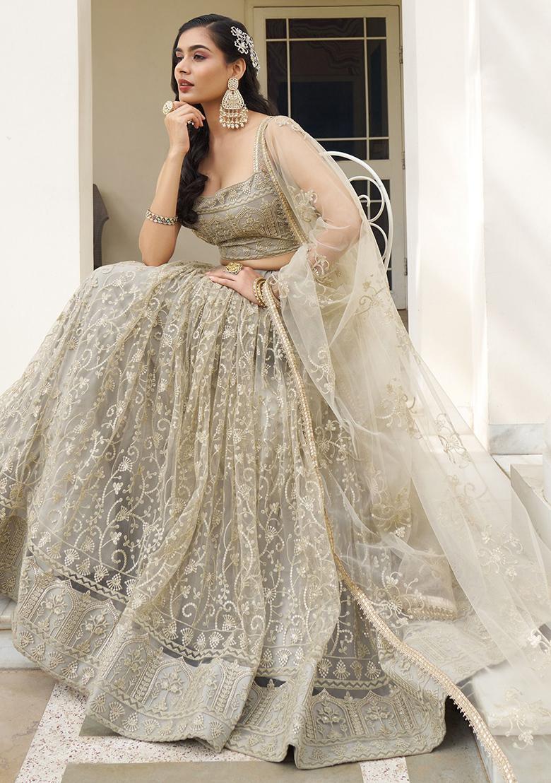 Cream Sequin Embroidered Net Lehenga Set