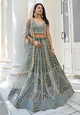 Green Embroidered Net Lehenga Set