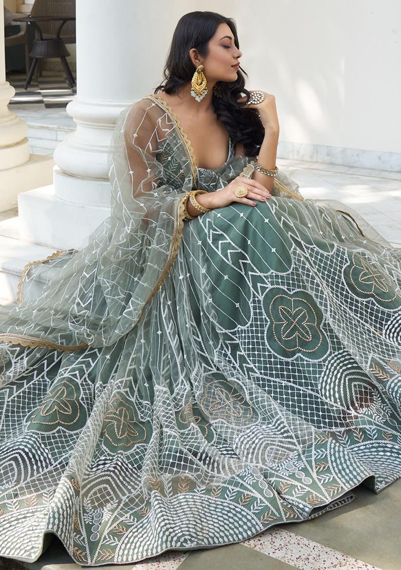 Green Embroidered Net Lehenga Set