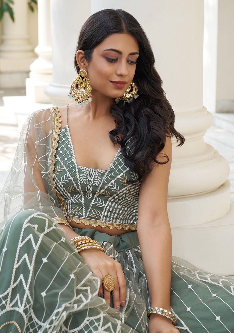Green Embroidered Net Lehenga Set