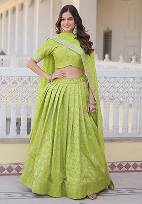 Green Embroidered Jacquard Lehenga Set