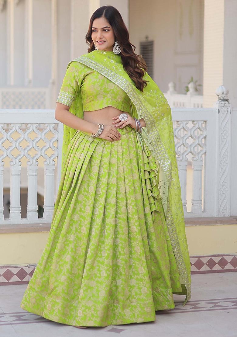 Green Embroidered Jacquard Lehenga Set