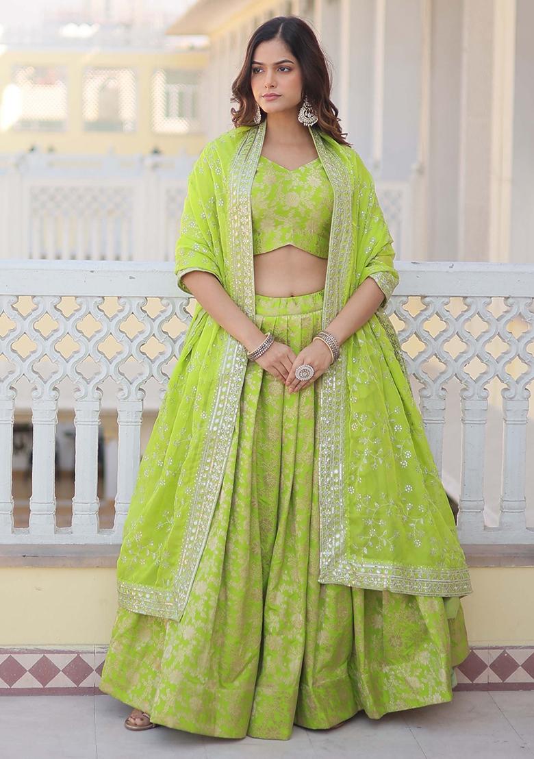 Green Embroidered Jacquard Lehenga Set