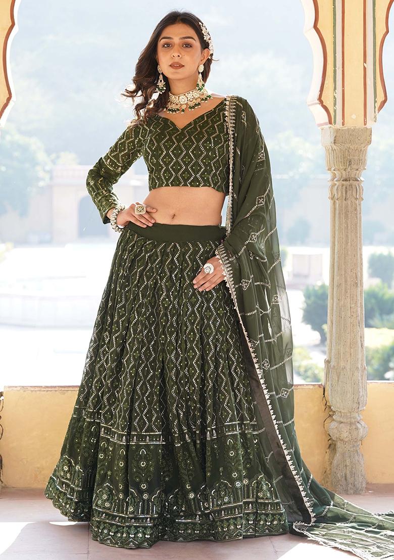 Green Sequin Embroidered Georgette Lehenga Set