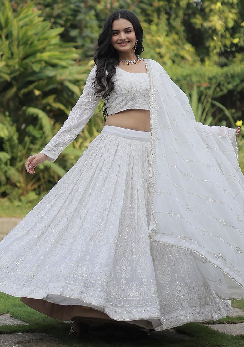White Embroidered Georgette Lehenga Set