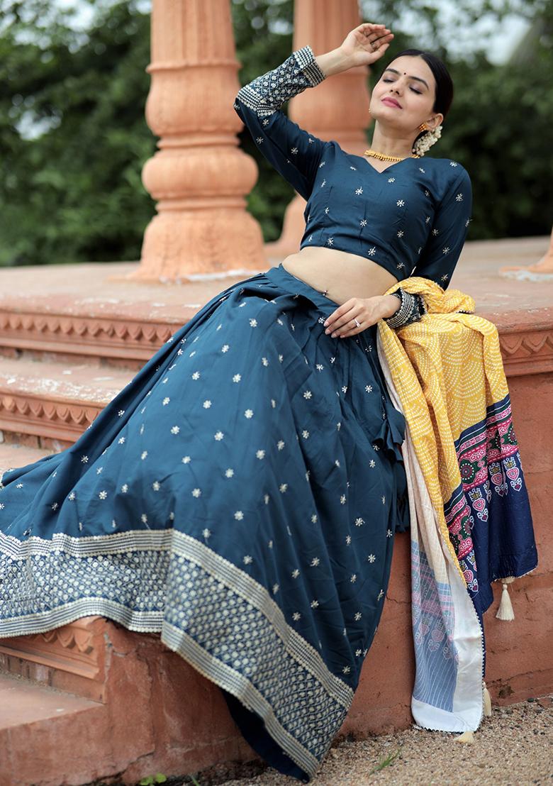 Blue Sequin Embroidered Silk Lehenga Set