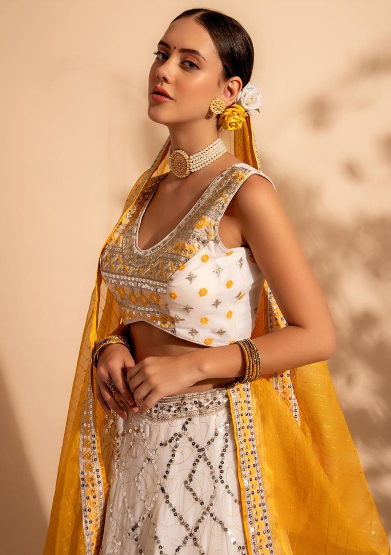 White Sequin Embroidered Georgette Lehenga Set