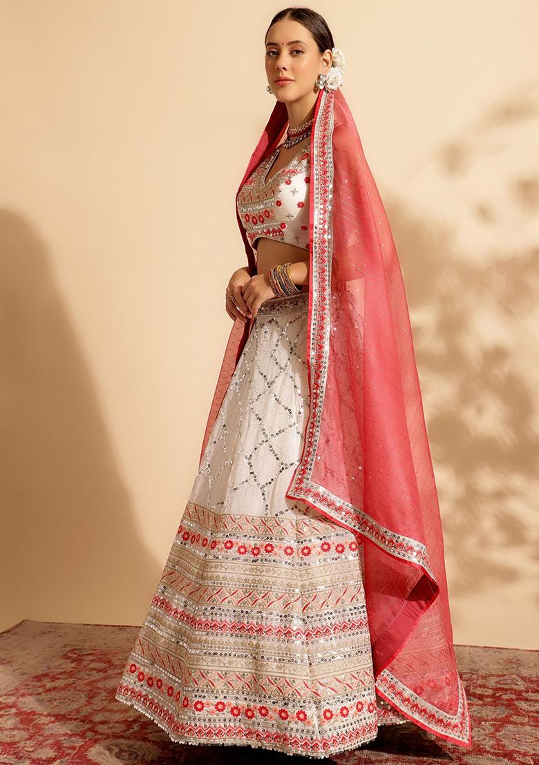 White Sequin Embroidered Georgette Lehenga Set
