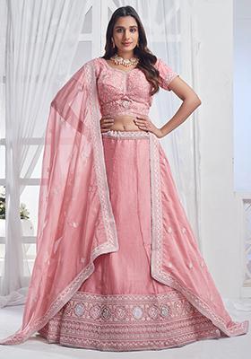 Peach Embroidered Organza Lehenga Set