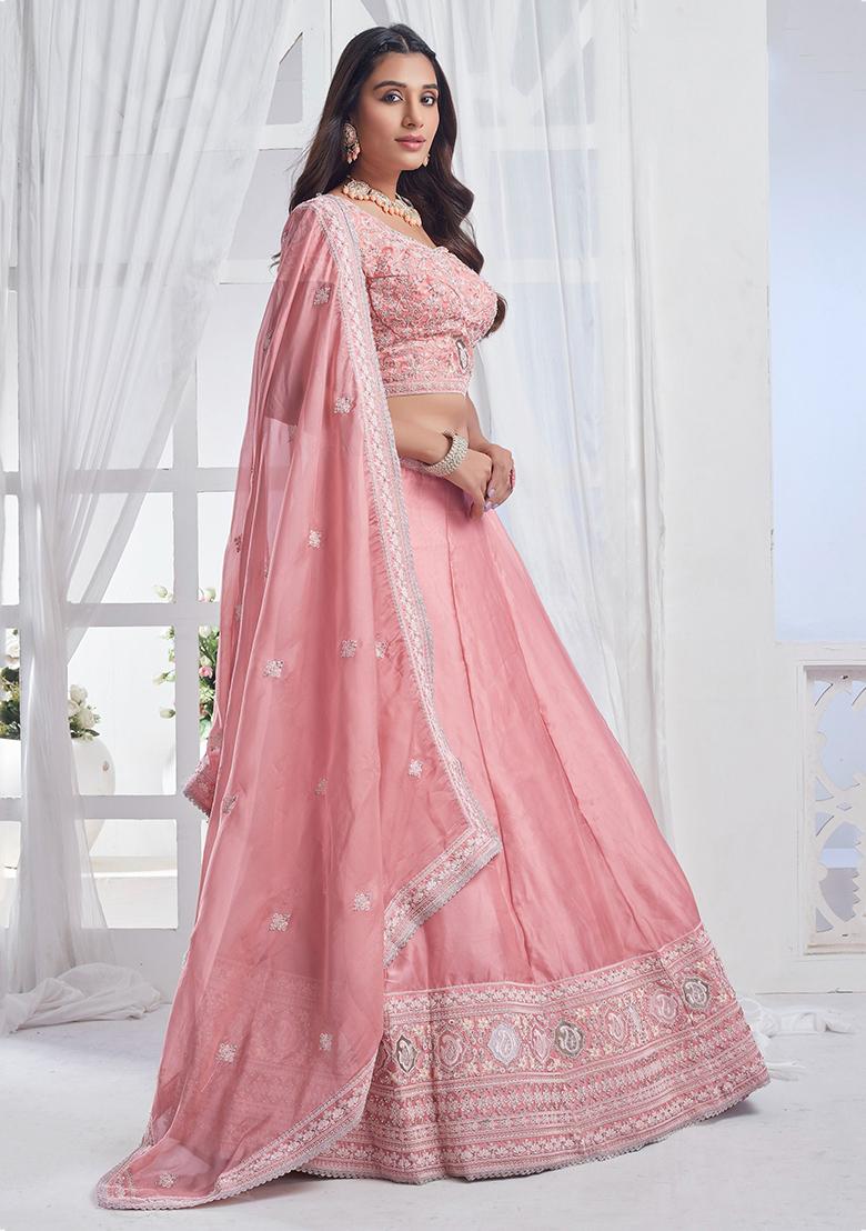Peach Embroidered Organza Lehenga Set