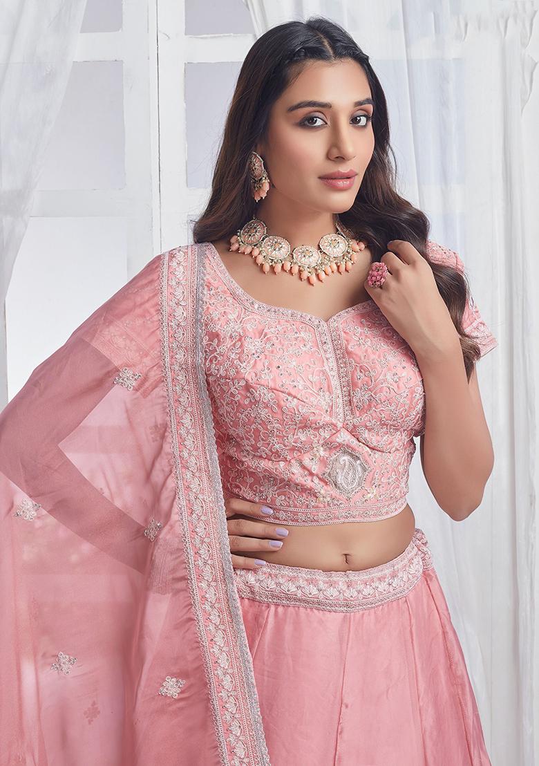 Peach Embroidered Organza Lehenga Set
