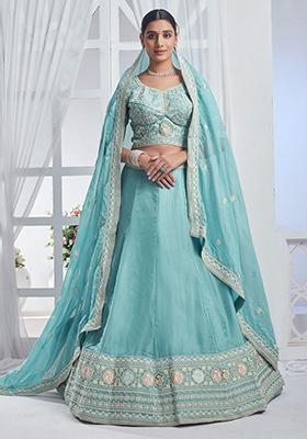 Sky Blue Embroidered Organza Lehenga Set