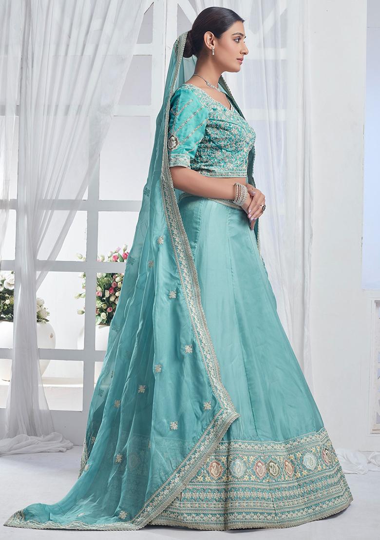 Sky Blue Embroidered Organza Lehenga Set