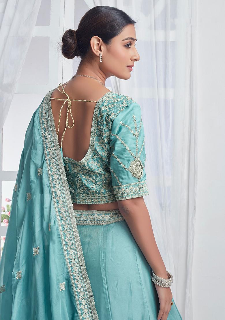 Sky Blue Embroidered Organza Lehenga Set