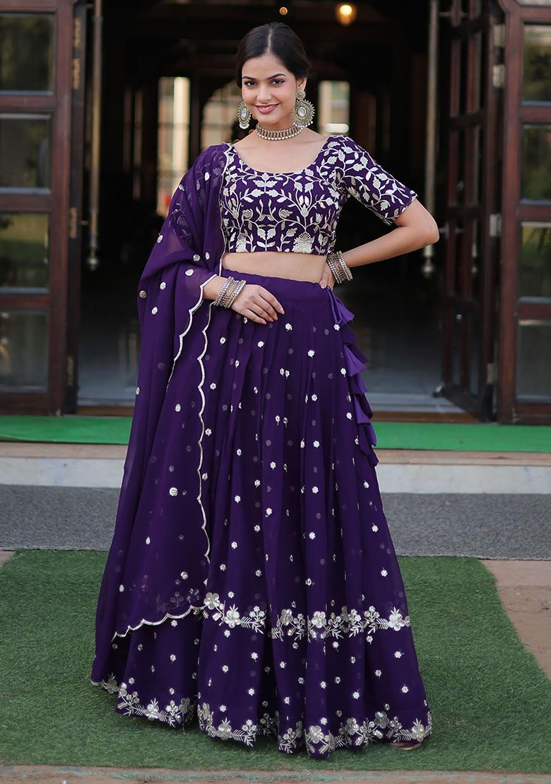 Purple Embroidered Georgette Lehenga Set