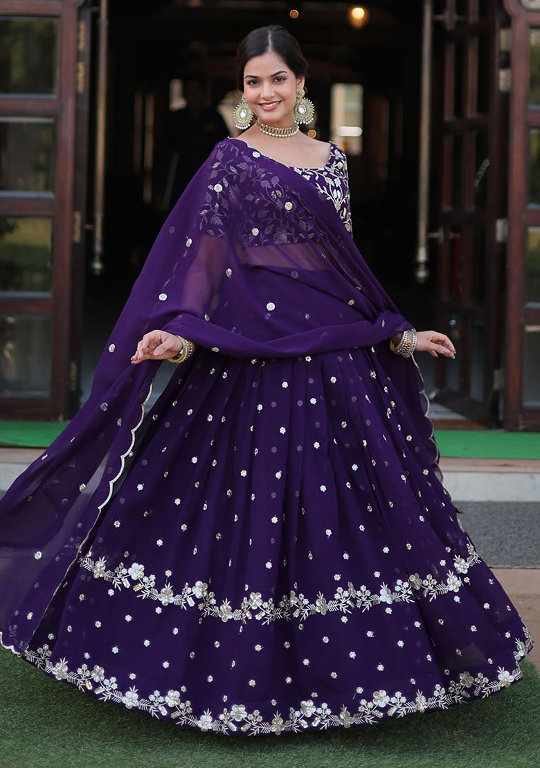 Purple Embroidered Georgette Lehenga Set