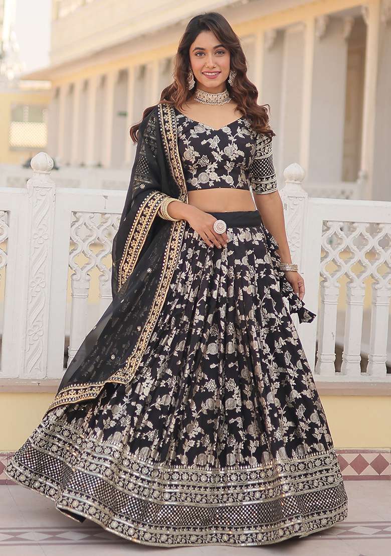 Black Embroidered Jacquard Lehenga Set for Diwali and Festive Wear - Indya